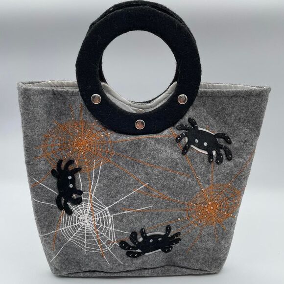 Unbranded Handbags - Grey Felt Halloween Purse Handbag Tote Bag Novelty Lights Up Spider Web Spooky